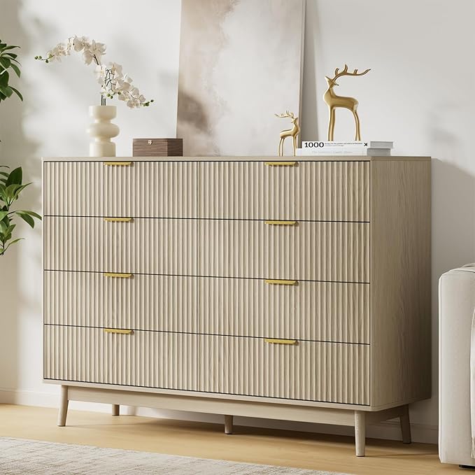 LYNSOM Fluted 8 Drawer Dresser for Bedroom, 55" Wide Modern Chest of Drawers with Curved Profile Design and Metal Handles, Wood Dresser TV Stand & Storage Organizer for Bedroom, Hallway, Beige