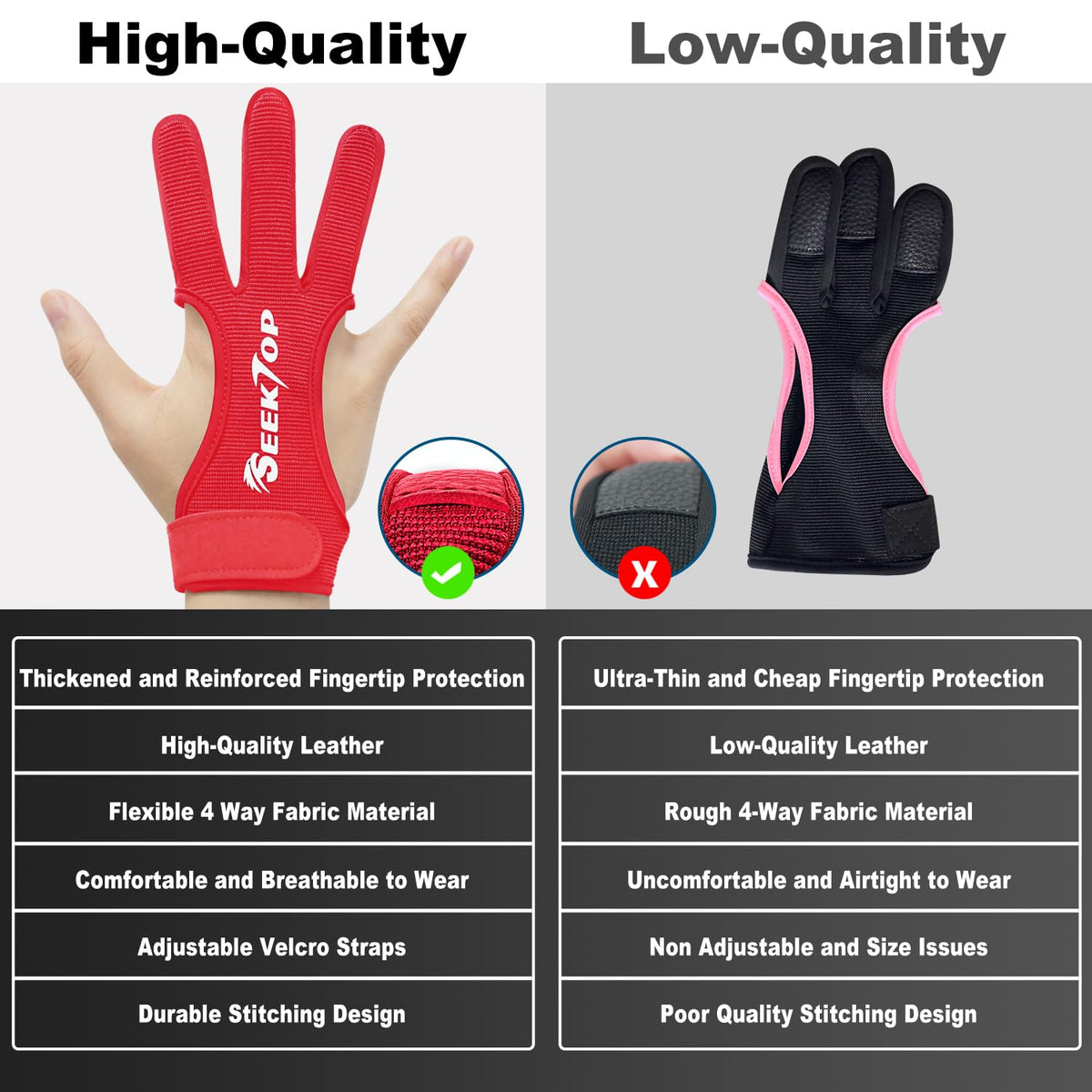 Seektop Archery Gloves Shooting Hunting Leather Three Finger Protector for Youth Adult Beginner (Red, XL)