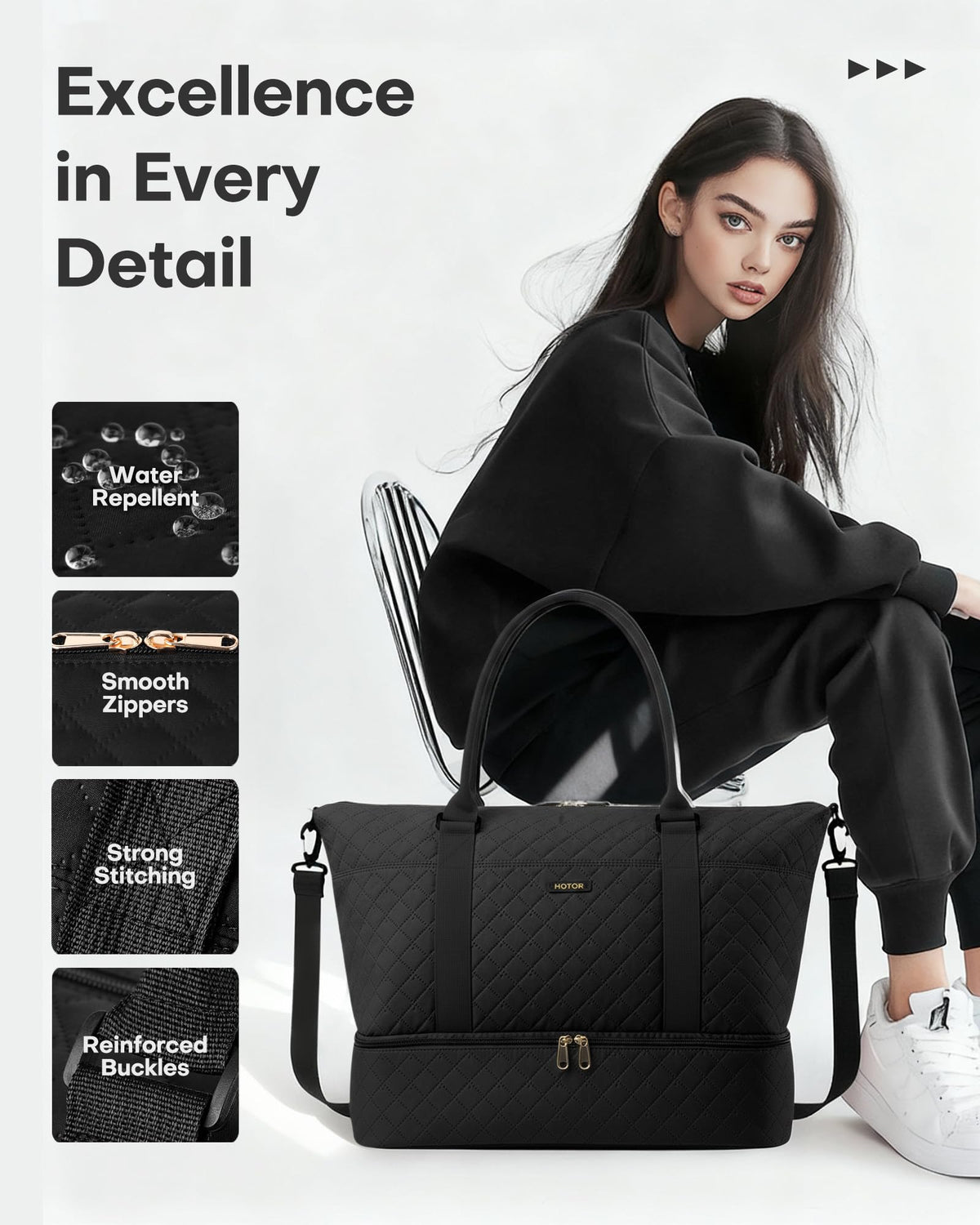 HOTOR Travel Duffel Bag - Weekender Bags for Women, Gym Tote Bags with Shoe Compartment, Carry On Overnight Bag with Toiletry Bag for Travel Essentials and Travel Accessories, Black, 13.4"×17.3"×7.9"