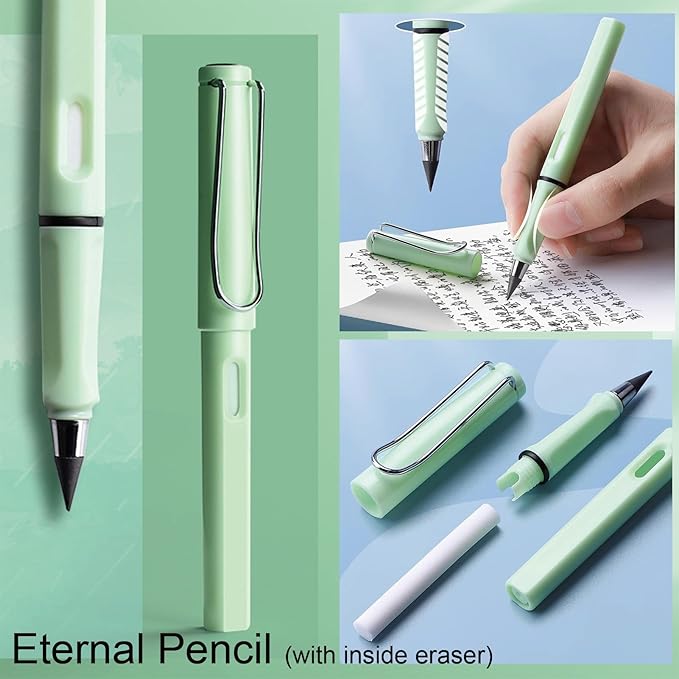 7 Pcs Cute Green Stationery Set Kawaii School Supplies Office Supplies Including Ballpoint Pens Pencil Sharpener Highlighter Correction Tape Eraser Utility Knife (Green)