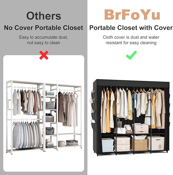 Portable Closet for Hanging Clothes, 67 Inch Wide Portable Wardrobe Closet with Cover, 4 Hanging Rod, Storage Shelves and Side Pockets, Large Free Standing Closet for Bedroom, Black