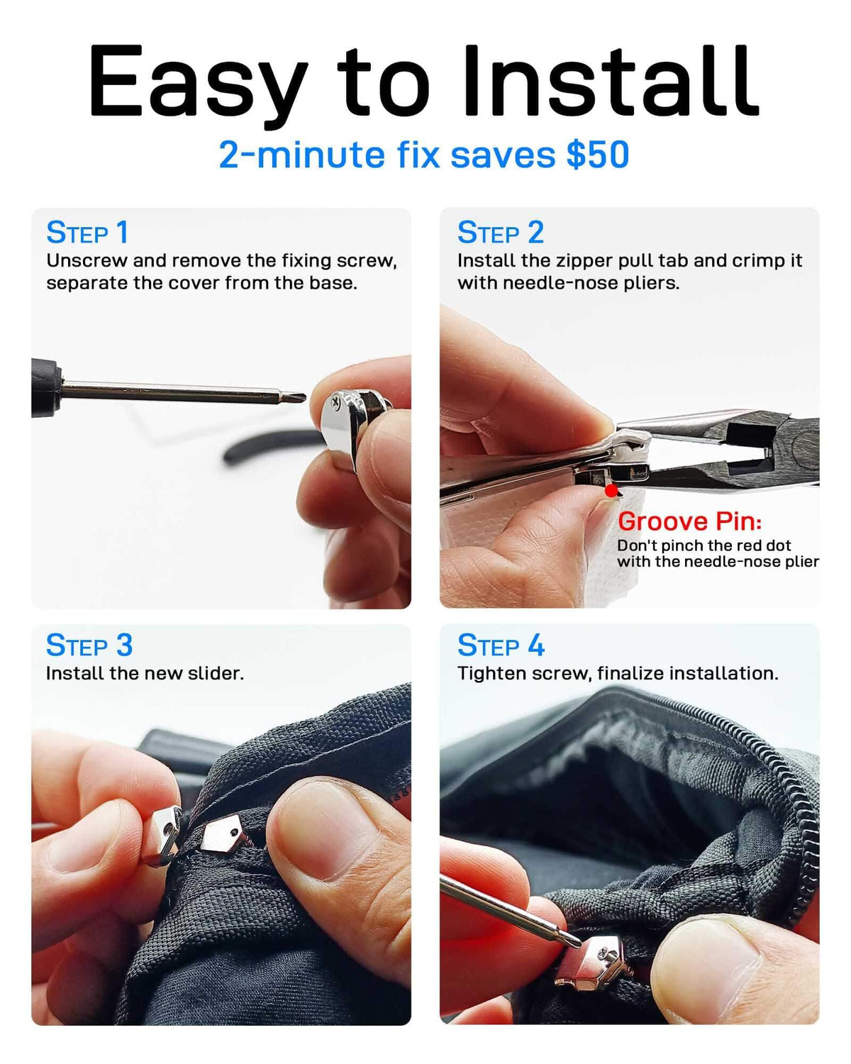 Durable Zipper Pull Replacement, Zipper Repair Kit with Fixing Tools, Professional Zippers Repair Solution for Jackets, Luggage, Bags, Tents and Outdoor Gear (Silver, 10#)