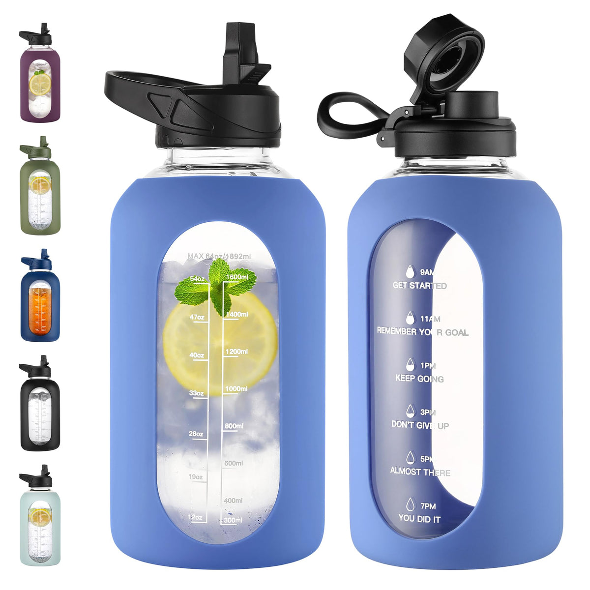 CIVAGO 64 oz Glass Water Bottle Jug with Straw and Handle, Half Gallon Sports Motivational Water Bottle with Time Marker, Wide Mouth Water Flask Canteen with Silicone Sleeve for Gym, Wave Blue