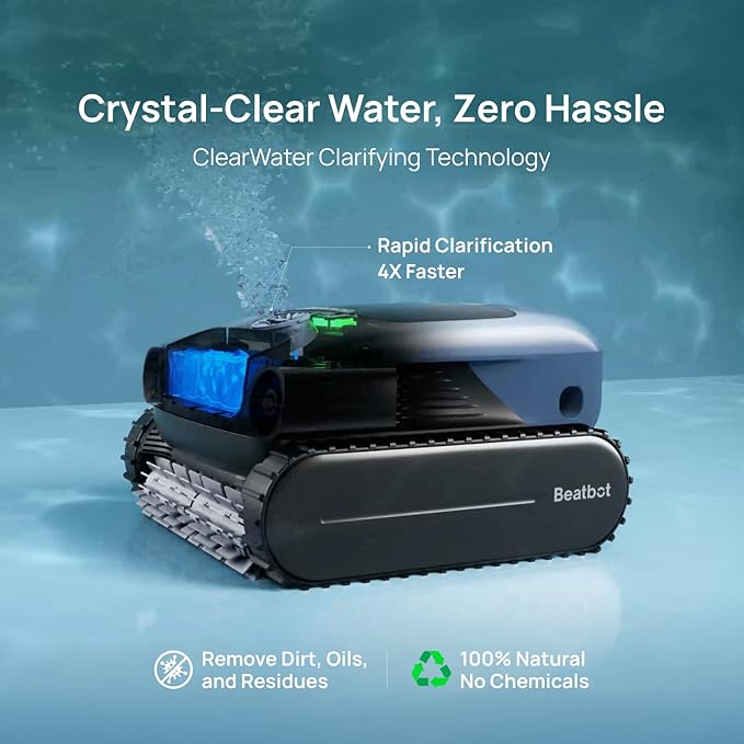 Beatbot AquaSense Pro Pool Robot Vacuum, 5-in-1 Cleaning with 2*Clarifying Agent Kits, Smart Surface Parking, Clarifies & Skims Water, Ideal for Inground Pools up to 3,299 Sq.ft - Navy Blue