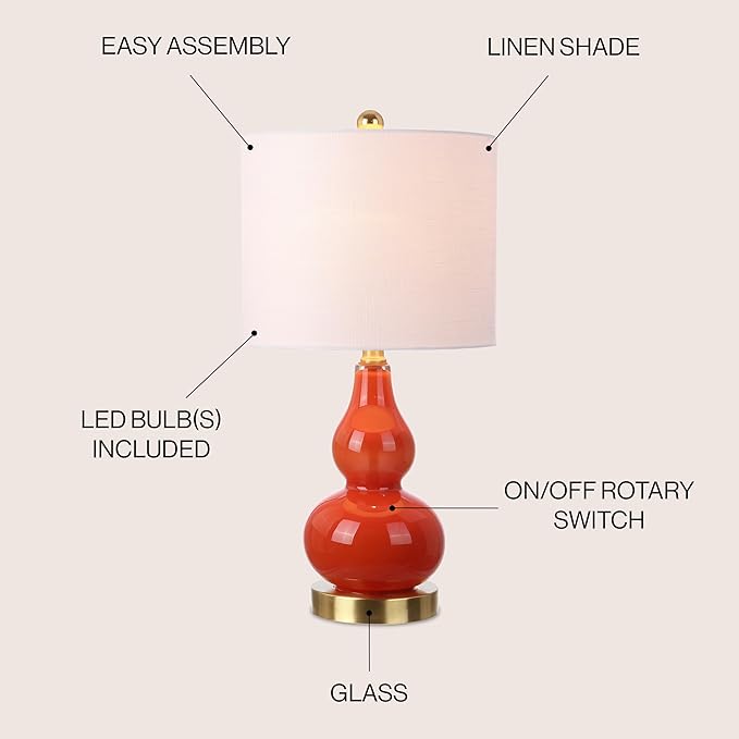 JONATHAN Y 20.5" Sunset Orange Glass Table Lamp, Modern Gourd Bedside Nightstand Lamp for Bedroom, Living Room, White Linen Shade, LED Bulb Included (JYL1028G)