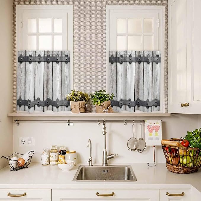 Farmhouse Rustic Kitchen Curtain Set, Vintage Country Wooden Grain Window