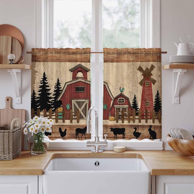 Brown Farmhouse Kitchen Curtains, Vintage Country Animals Wooden Grain Light