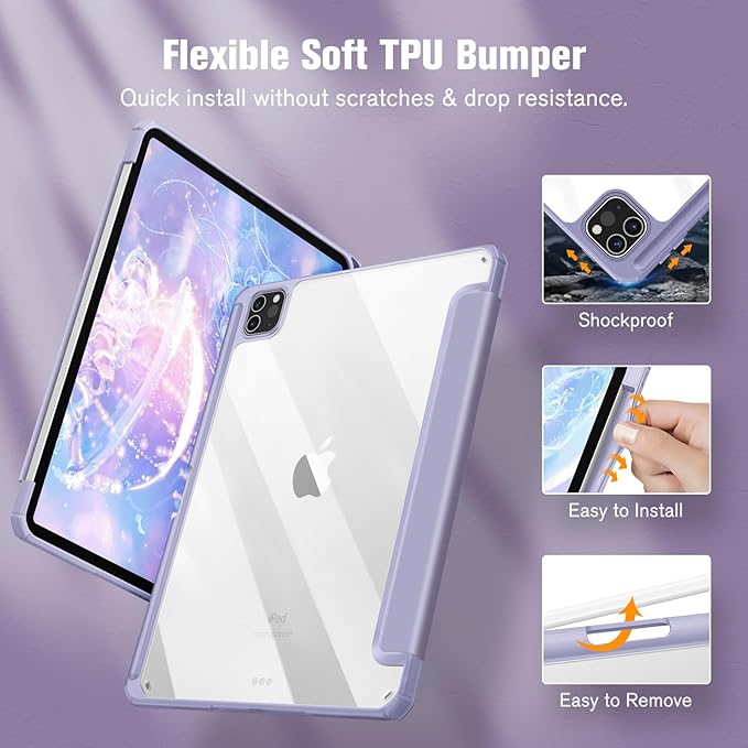 Fintie Hybrid Slim Case for iPad Pro 11-inch (4th / 3rd Generation) 2022/2021 - [Built-in Pencil Holder] Shockproof Cover w/Clear Transparent Back Shell, Also Fit iPad Pro 11" 2nd Gen, Lilac Purple