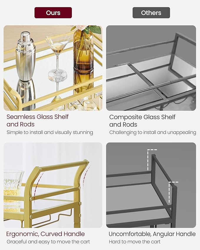 VASAGLE Bar Cart, Home Bar Serving Cart, Small Bar Serving Cart with 3-Tier Shelf, Wine Holders, Glass Holders, Mini Bar Cart for Small Spaces, Kitchen, Dining Room, Living Room, Pale Gold