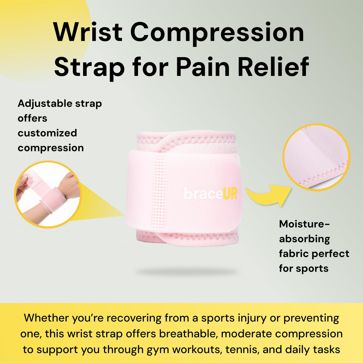 BraceUP Wrist Compression Strap and Support Brace, One Size Adjustable, 1 PC (Pink)