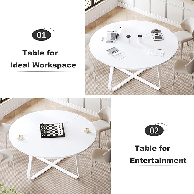LVB Modern Round Dining Table, Wood Metal Kitchen Tables,Industrial Large Dinner Room Tables for 6 to 8, Circle Dining Room Table for Home Kitchen Living Room,White Oak,60 Inch
