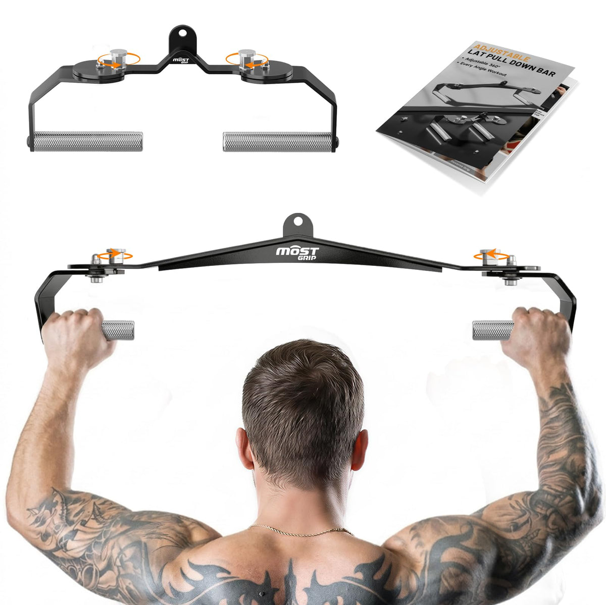 MOST GRIP LAT Pull Down Bar Set with 360° Rotatable Handles, LAT Pulldown Attachments for Whole Back Training, Heavy-Duty Locking LAT Pulldown Bars for Home Gym Cable (Black)