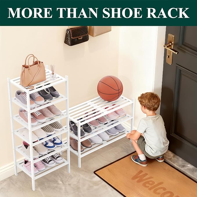 Smiry Long Bamboo Shoe Rack 4-Tier, Stackable Wooden Shoe Organizer for Entryway & Closet, Free Standing Wood Shoe Storage Shelf for Front Door & Small Spaces, White