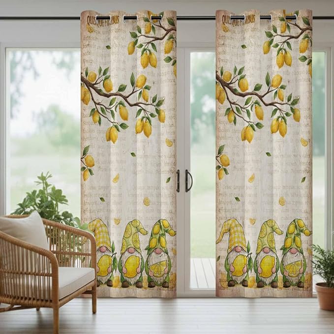 Summer Gnome Outdoor Curtains for Patio Gnome Lemon Leaf Vintage Waterproof