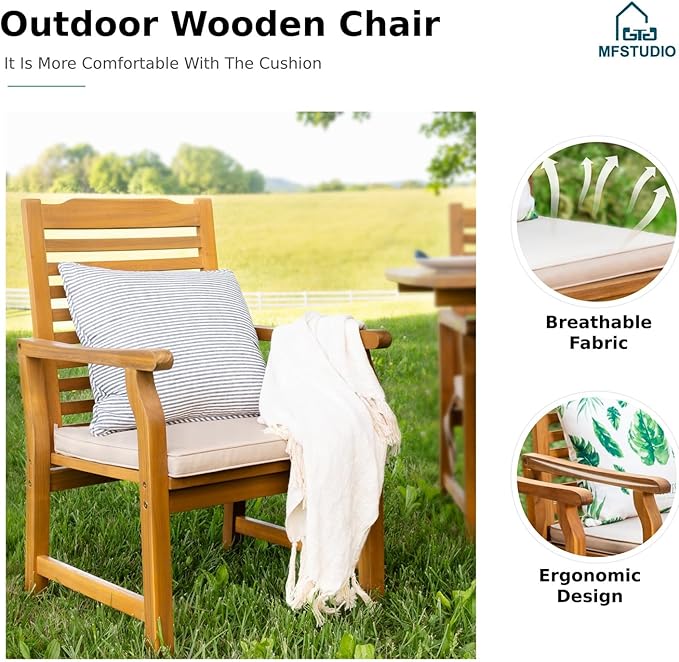 MFSTUDIO 7 Pieces Patio Dining Set, Teak Wood Outdoor Dining Set for 6, 1 x Rectangular Expandable Acacia Wood Table, 6 x Wooden Patio Dining Chairs with Removable Cushions for Backyard, Porch
