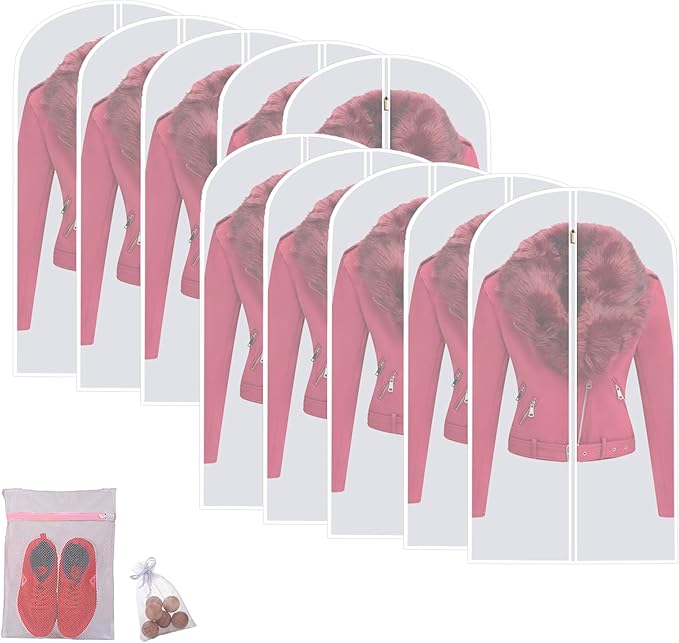 Garment Bags for Hanging Clothes (Set of 12) Suit Bags for Closet Storage, Plastic Waterproof Suit Cover Bag with Zipper for Coats, Jackets, Shirts 24'' x 40''