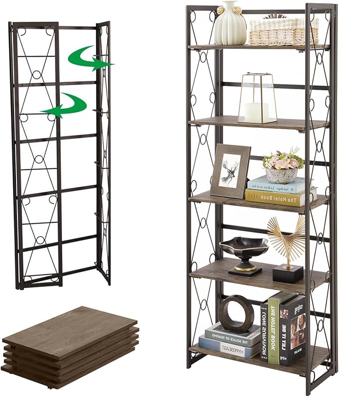 VECELO Folding Bookshelf, 5-Tier Bookcase Foldable, Industrial Tall Book Shelf Storage Organizer with Collapsible Metal Frame for Living Room/Home Office,Rustic Brown,1 Set
