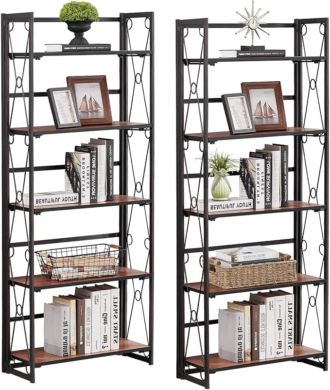 VECELO 2 Set Folding Bookshelf 5-Tier,Industrial Metal Frame & Wood Shelves,Foldable Bookcase No Assembly Free Standing Storage Organizer for Living Room,Office,Bedroom