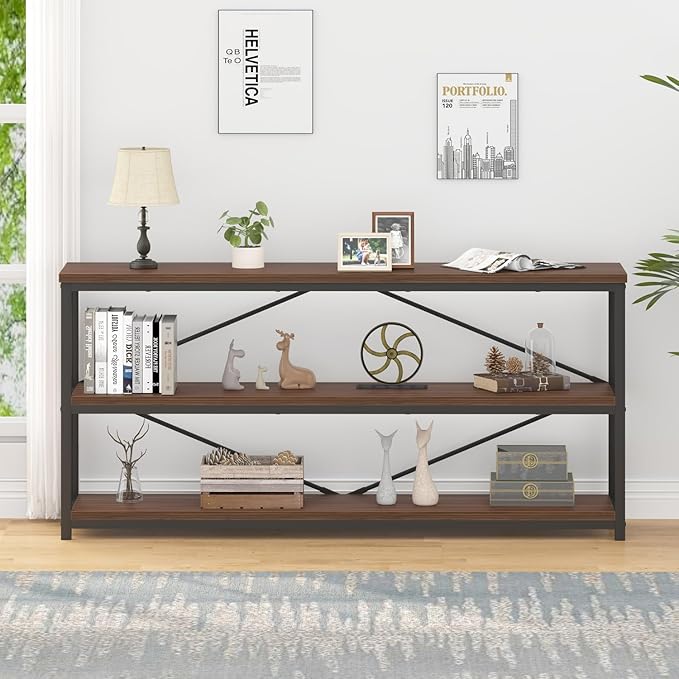 IBF Walnut Low Wide Bookcase, Vintage 63 Inch Long 3 Tier Open Book Shelf, Farmhouse Big Wood Metal Sturdy Bookshelf Display Case, Simple Large Etagere Bookshelves for Home Living Room Office Bedroom