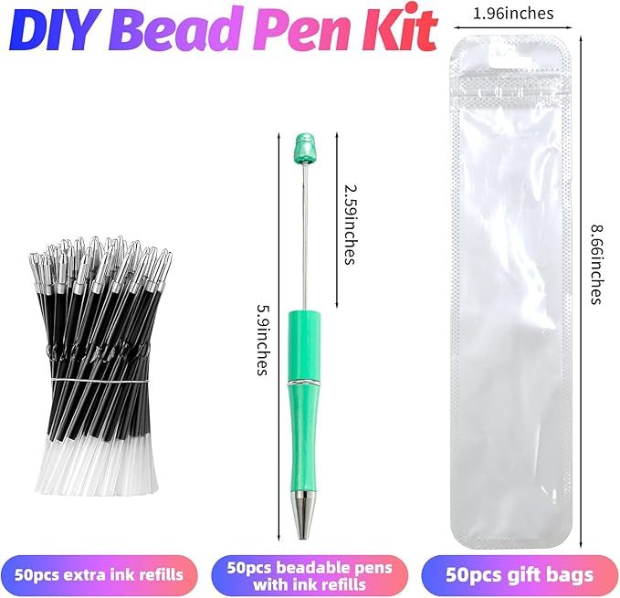 300 Pieces DIY Beadable Pen Kit – 100 Plastic Ballpoint Pens with Refills & Bags – School Supplies, Office Accessories & Decorative Items for Students & Teachers (Cyan)