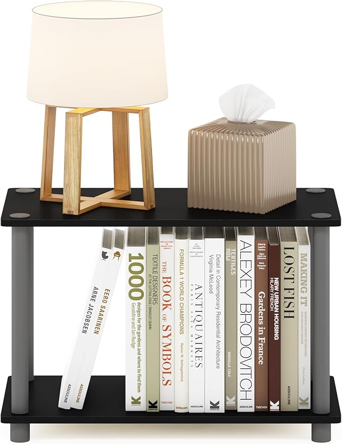 Furinno TURN-N-TUBE Side Table, 2-Tier Modern Rectangle End Table with Open Shelf, Night Stand, Bedside Table, Toolless Assembly, for Living Room, Bedroom, Black