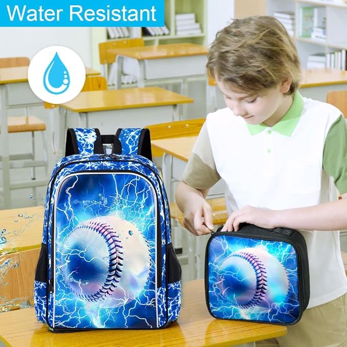 KLFVB 3PCS Boys Bookbag, 17" Kids Backpack and Lunch Box, Water Resistant Teenagers School Bag for Middle Elementary - Lightning Baseball