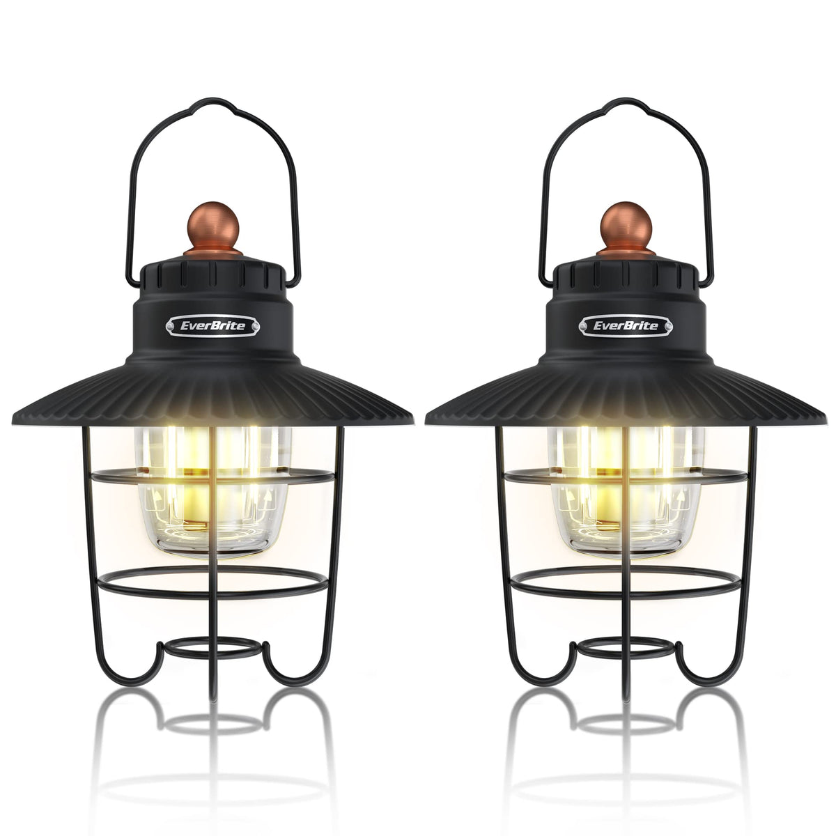 EverBrite LED Camping Lantern Pack of 2, USB C Rechargeable Lantern with 3 Light Modes, Vintage Outdoor Lanterns with Power Bank Function for Power Outages, Hurricane, Emergency, Fishing