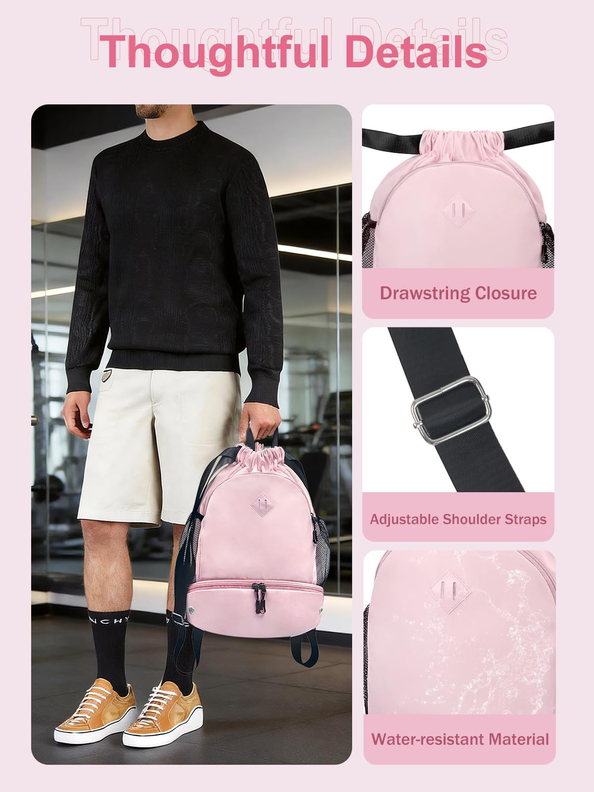 RHDZO Drawstring Backpack Gym Backpack with Shoe Compartment for Men Women String Sports Bag with Wet Pocket Cinch Swim Beach Bag, Large Pink