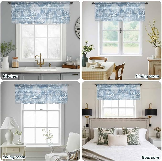 Haze Blue Retro Summer Sheer Valance Curtains, Sea Turtle Starfish Coral Ocean