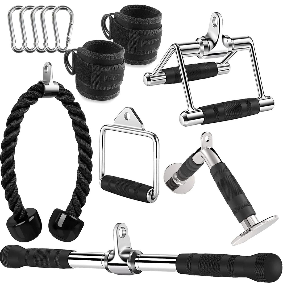 WNOEY Cable Machine Attachment, LAT Pulldown Attachments, Home Gym Accessories, Triceps Pull Down Attachment (V Handle + Row Handle + Rotating Bar + Tricep Rope + Ankle Straps + D Handle)