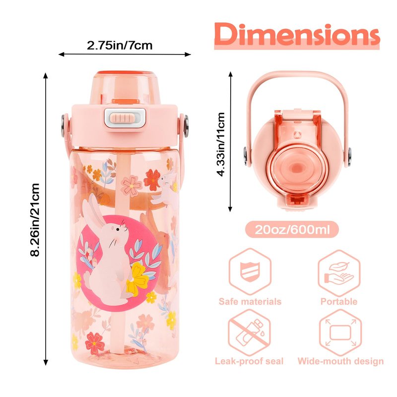 alldomess 20oz Kids Water Bottle For School or Travel, Leak-Proof & Dishwasher, Durable Plastic Sport Water Bottle With Straw and Handle, Rabbit