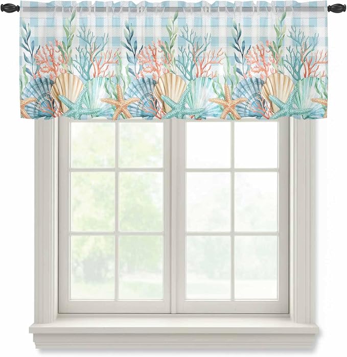 Summer Beach Sheer Valance Curtains, Ocean Colorful Coral Shell Seaweed