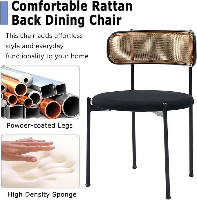 Rattan Dining Chairs Set of 8, Mid Century Modern Dining Chairs with Cane Back and Boucle Upholstered Seat, Farmhouse Kitchen Chairs for Dining Room and Living Room, Black