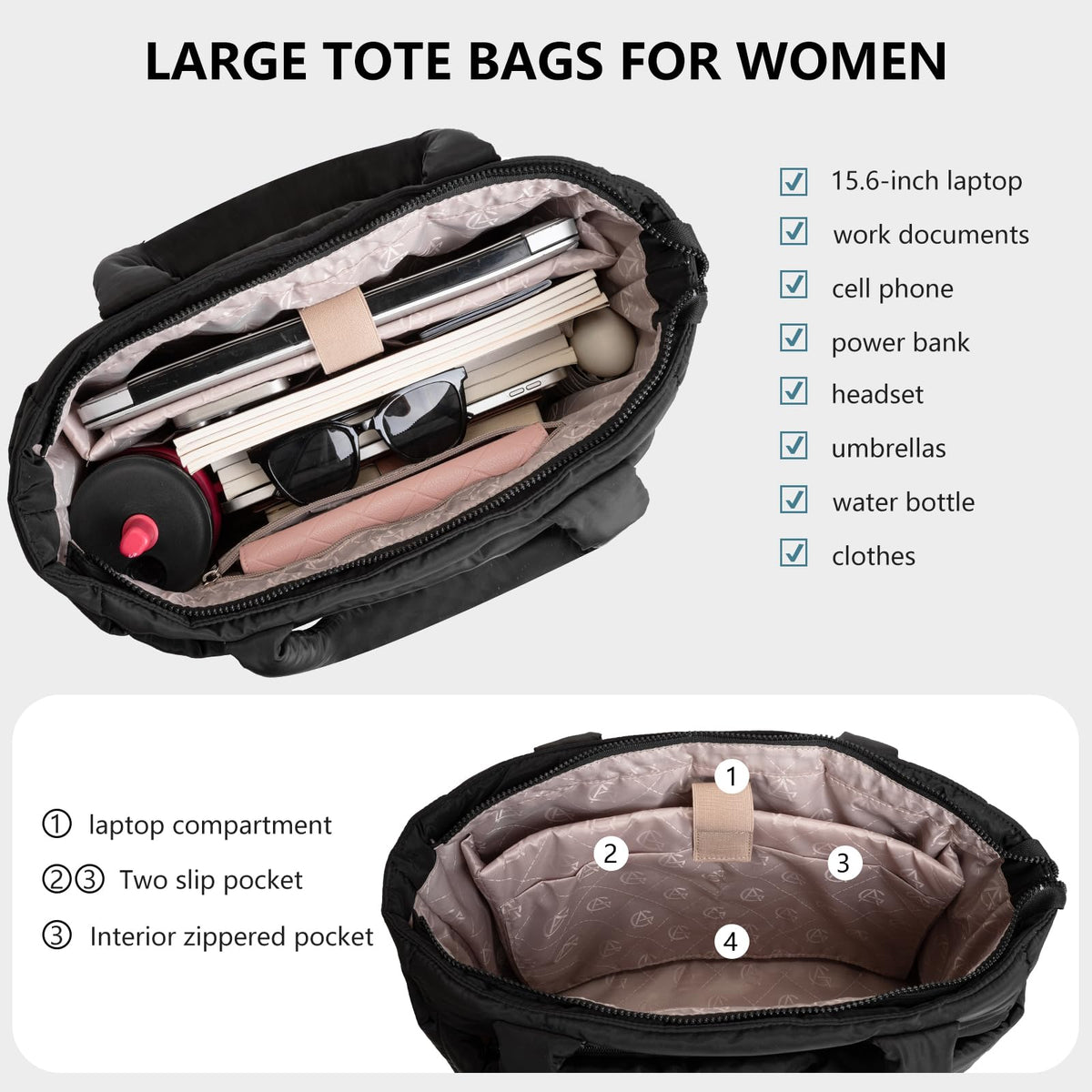 Puffer Tote Bag for Women Quilted Nurse Bag Lightweight Work Bag for Teacher Travel Handbag with Multiple Pockets