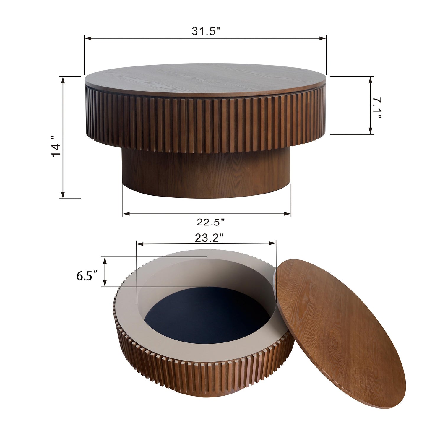 BSYEIO 31.5'' Round Coffee Table with Storage, Modern Luxury Circle Drum Center Tables with Solid Wood Veneered, Accent Side Coffee Table for Living Room, Bedroom, Apartment-Walnut