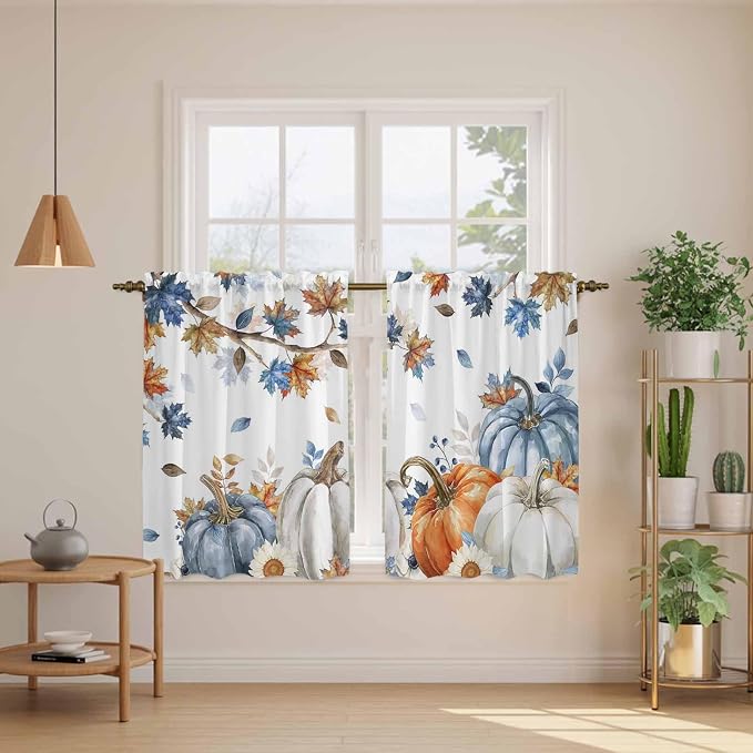 Navy Blue Pumpkin Fall Kitchen Curtains 45 Inch Long 2 Panel Set, Rod Pocket
