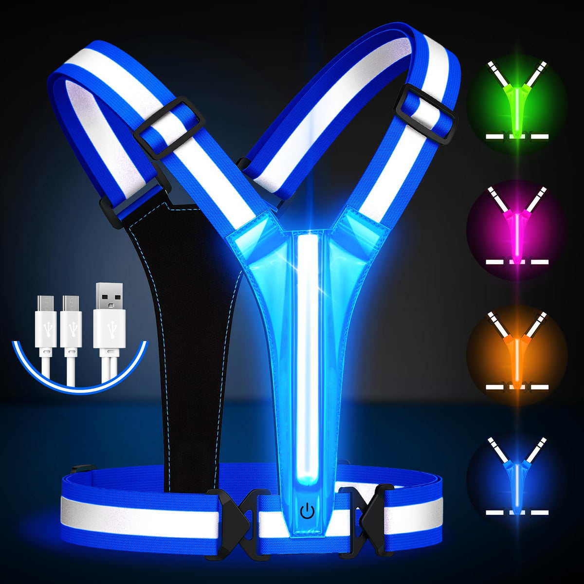 Fokia Kunbio LED Reflective Running Vest Gear,Light Up Vest Runners Night Walking USB Rechargeable,Up to 11hrs Light with Adjustable Waist/Shoulder for Women Men Kids (Blue)