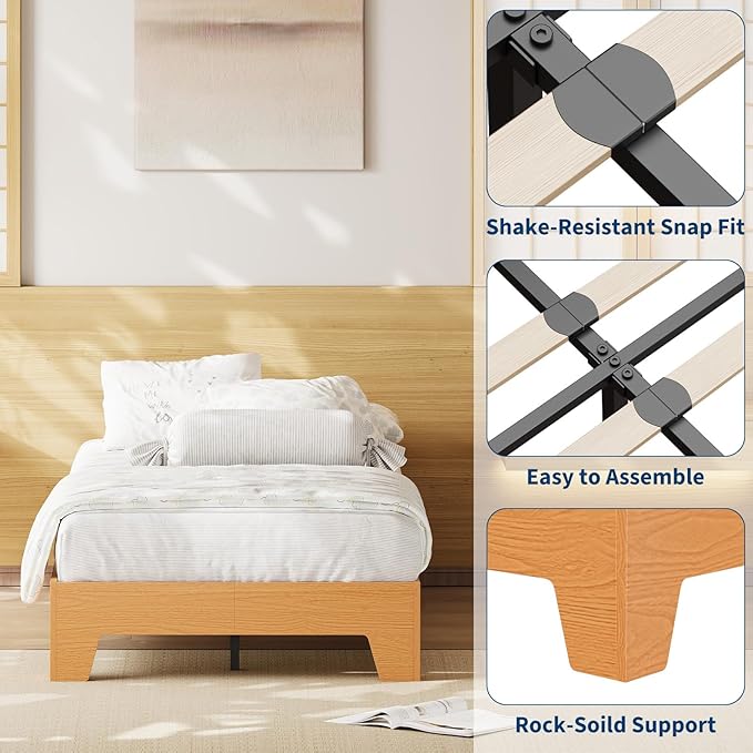 Garvee Wood Platform Bed Frame, Twin Size Bed Frame, Wood Slat Support, No Box Spring Needed, Easy Assembly, Noise-Free Design, Underbed Space for Storage