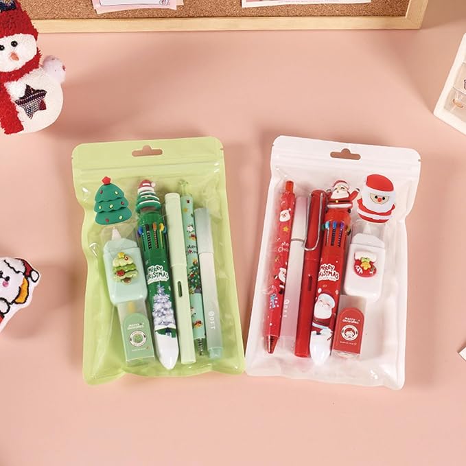 7 Pcs Cute Xmas Stationery Set Kawaii Christmas School Supplies Office Supplies Including Ballpoint Pens Pencil Sharpener Highlighter Correction Tape Eraser (X-mas(Red))