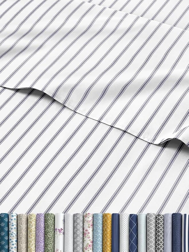 Blue and White Striped Sheets - 1 Flat & 1 Fitted Sheet & 2 Pillowcases w/ Deep Pockets - Cozy, Wrinkle & Fade Resistant - Ultra-Soft, Breathable & Cooling - Luxury Pinstripe Bedding - Queen Size