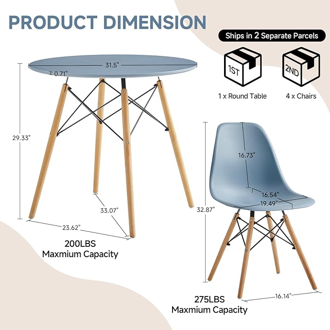 Round Dining Table Set for 4 31.5" Wood Dinner Table Circle Dining Table Kitchen Table Chairs Set of 4 with Wood Strip Base for Kitchen Living Room Space Saving Apartment(Blue)