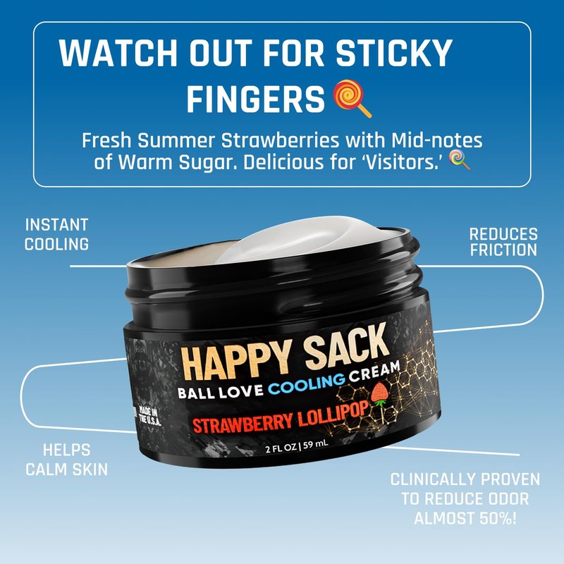 Derm Dude Happy Sack Ball Deodorant & Comfort Cream for Men | Anti-Chafing Sweat Defense, Odor Control, Aluminum-Free Deodorant & Hygiene Products for Men's Private Parts | Strawberry Lollipop, 2oz