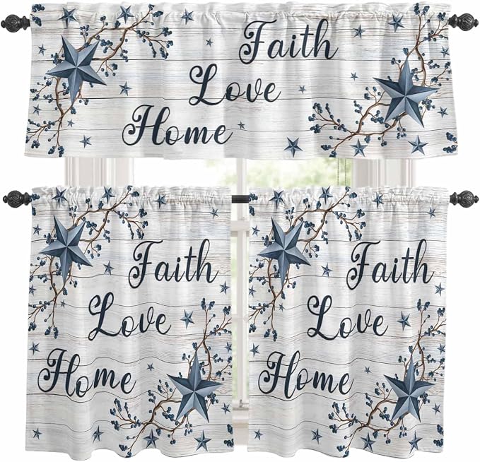 Kitchen Curtains Tiers and Valance Set of 3, Farmhouse Light Filtering Window