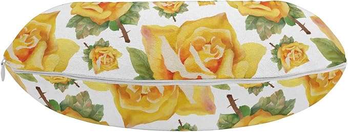 Ambesonne Rose Travel Pillow Neck Rest, Botanical Pattern with Roses Natural Beauty Theme Aquarelle Summer Bouquet, Memory Foam Traveling Accessory for Airplane and Car, 12", Green Yellow