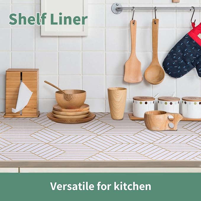 Shelf Liners for Kitchen Cabinets 17.3in x 49.21FT, Non Adhesive Cabinet Liner Strong Non-Slip Thickened Gold Geometric Drawer Liner, Easy to Clean for Shelf, Cabinet with Knife and Tape Measure