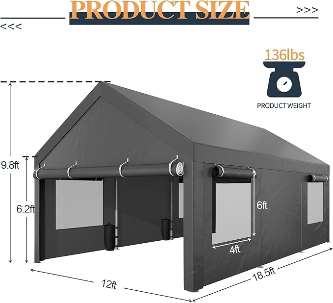 Shintenchi Carport 12' x 20' Heavy Duty Portable Garage, Carport Canopy with Side-Opening Door & Roll-Up Windows, Car Canopy for Truck,Car,Boat,Grey