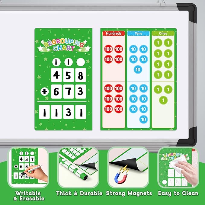 Magnetic Regrouping Math Base Ten Place Value, 2026 New Upgraded Addition & Subtraction Math Manipulatives Dry Erase Whiteboard for Kids 1st 2nd 3rd Grade, Math Games Homeschool Classroom Must Haves
