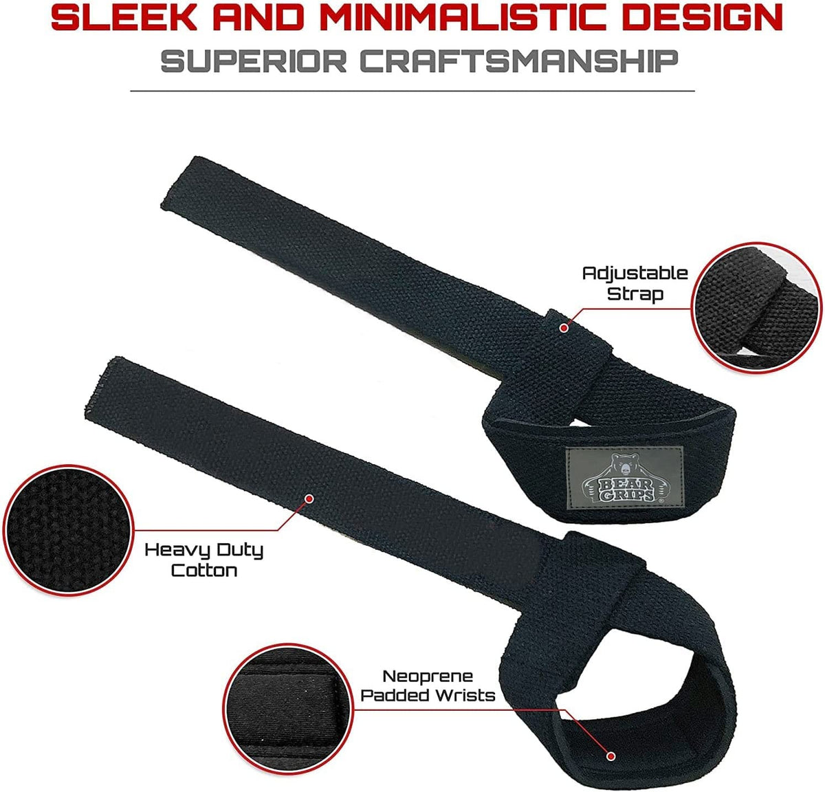 Bear Grips Lifting Straps - Gym & Weightlifting Straps for Men & Women, Deadlift Support, 2 Pairs