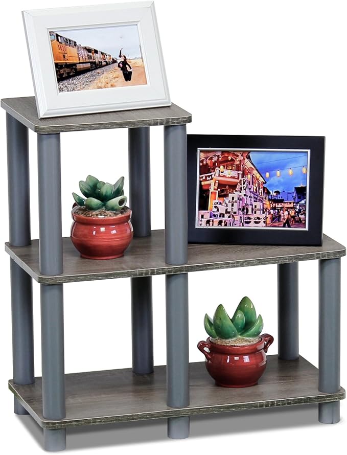 Furinno TURN-N-TUBE Storage Shelves, 2-Tier Ladder Shape Book Shelf with Open Frame Design, 3-Cube Corner Shelf, Toolless Open Shelves, Living Room, Garage, Home Office, Grey