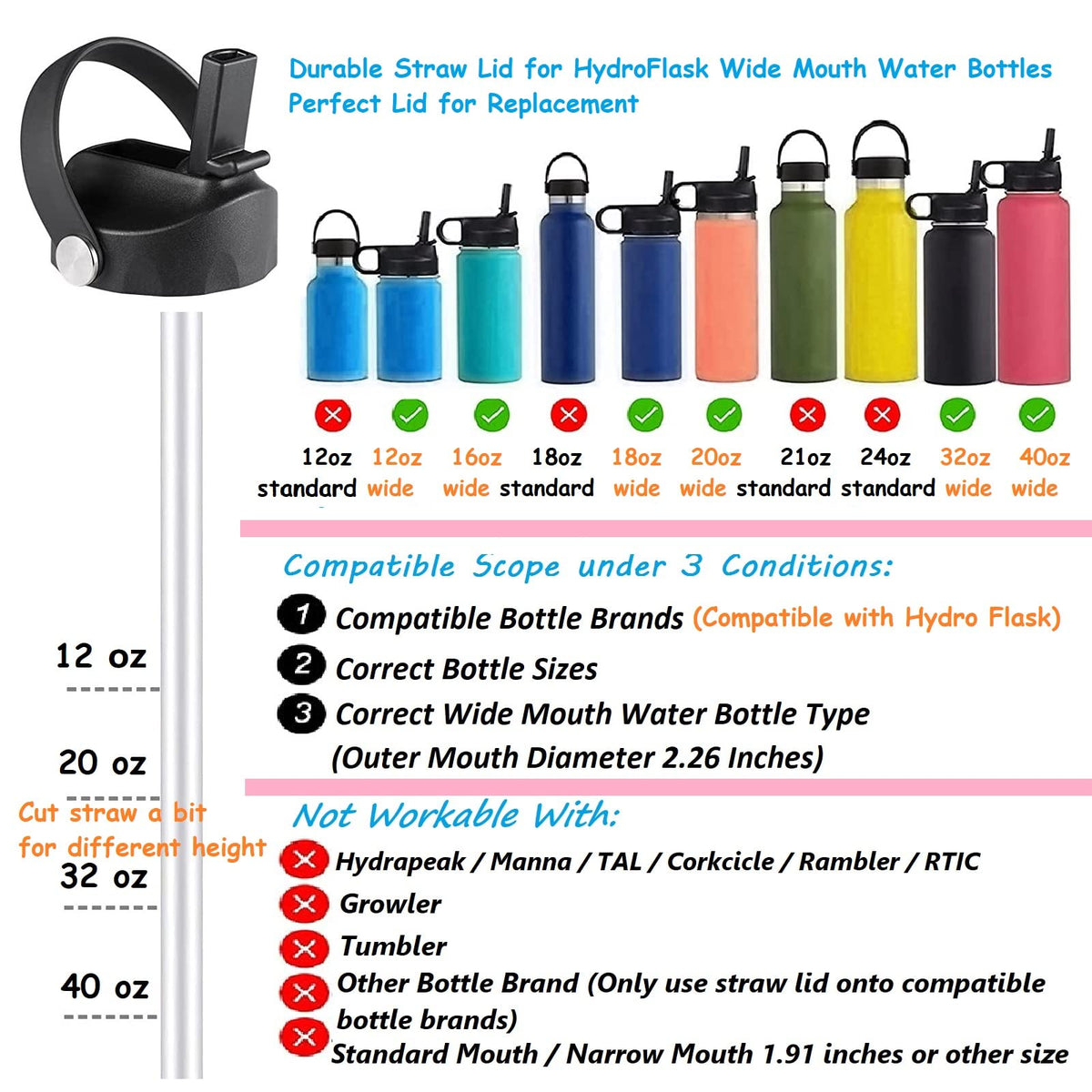 Straw Lid for Hydro Flask Wide Mouth, Lids with Straw for Hydroflask Wide Mouth 32 40 oz, Top Replacement Cap Sport Lid, Black